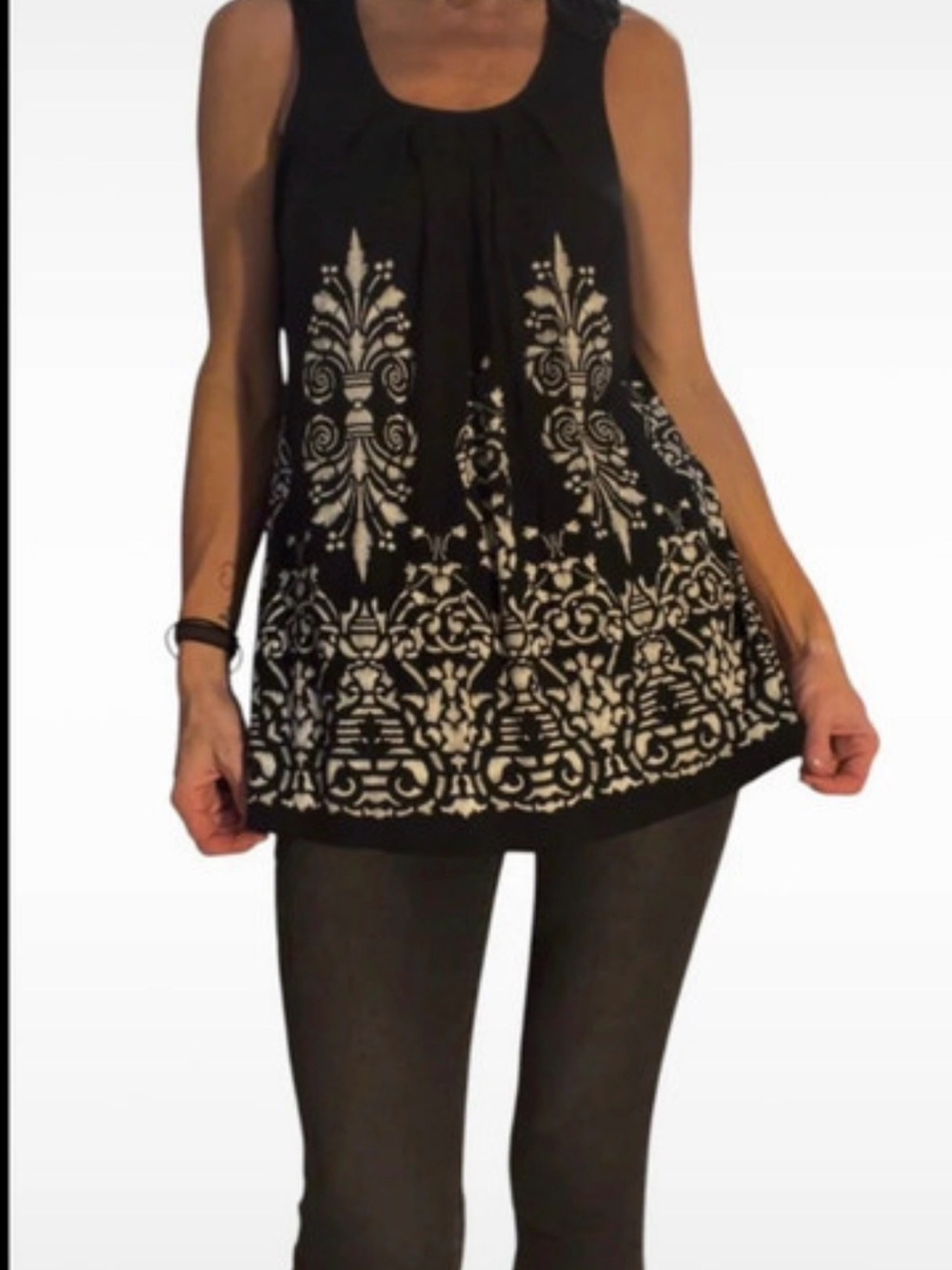 dressbarn Black Tank with Ivory Damask Border Print